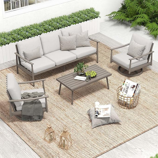 HAPPATIO Patio Outdoor Furniture Set - 4 Piece Aluminum Patio Conversation Set with 1 Coffee Table, 2 Swivel Chairs and 1 Three-Seater Sofa, Aluminum Outdoor Furniture Set for Backyard Poolside (Grey)