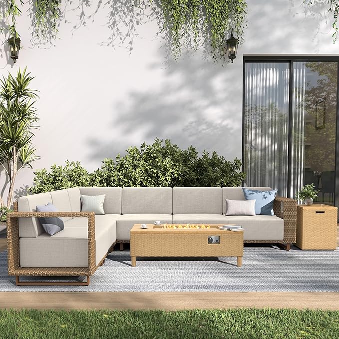 SUNSHINE VALLEY Patio Furniture Set with Fire Pit, Sectional Outdoor Conversation Sets with 10" Thick Cushions, 7 Pieces L Shaped Modular Yellow Rattan Wicker Sofa, Low Profile Lawn Garden Couch Set