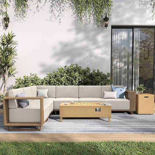 SUNSHINE VALLEY Patio Furniture Set with Fire Pit, Sectional Outdoor Conversation Sets with 10" Thick Cushions, 7 Pieces L Shaped Modular Yellow Rattan Wicker Sofa, Low Profile Lawn Garden Couch Set