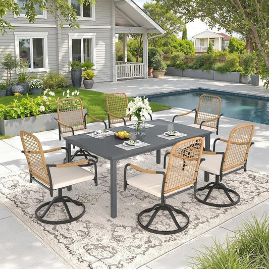 DIFY 7 Pieces Outdoor Dining Set, Metal Patio Table and Chairs Set for 6, 63" Rectangle Dining Table with Umbrella Hole & Wicker Swivel Patio Chairs with Cushions, Grey Tabletop