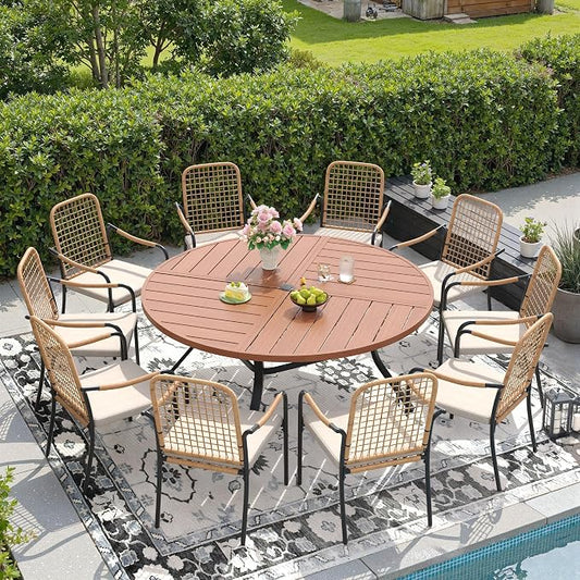 DIFY 11 Pieces Outdoor Dining Set, Metal Patio Table and Chairs Set for 10, 59.8" Round Dining Table with Umbrella Hole & Wicker Stackable Patio Chairs with Cushions, Walnut Tabletop