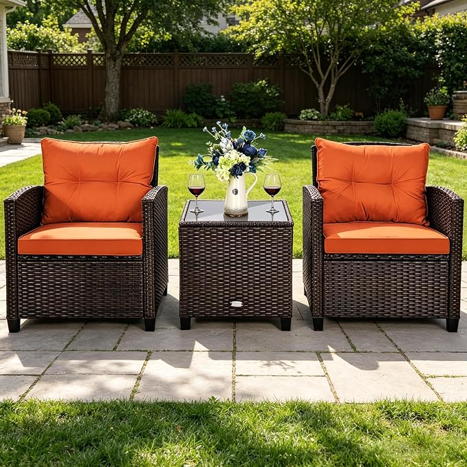 ORALNER 3 Pieces Patio Furniture Set, Outdoor Wicker Conversation Set Rattan Chairs with Cushions, Glass Coffee Table, Bistro Set for Front Porch Balcony Garden Deck Poolside (Orange)