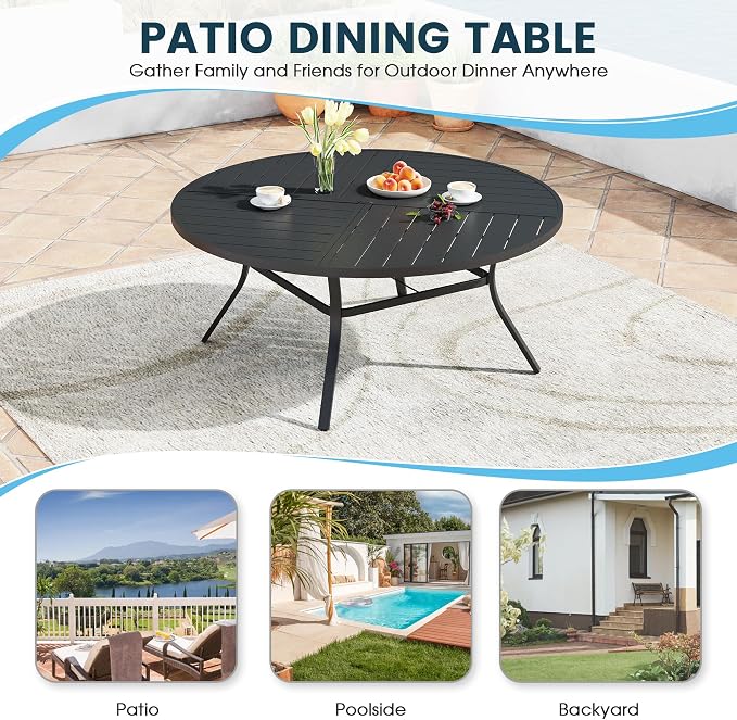 Patio Dining Table for 8-10, Round Metal Outdoor Table with Storage Shelf, 1.57" Umbrella Hole, 63" Outdoor Quartered Tabletop Dining Table for Backyard, Porch, Lawn, Black