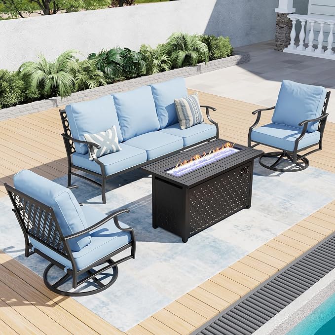 SUNSHINE VALLEY 4 Piece Metal Outdoor Patio Furniture Sets with 5000 BTU Firepit Table, Patio Conversation Sets 1 3-seater Sofa, 2 Swivel Chair with 5.75" Thick Cushion, Black Backyard Furniture, Blue