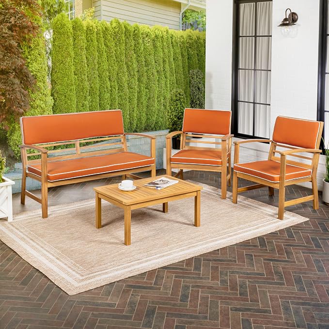 JONATHAN Y Barclay Modern 4-Piece Acacia Wood Outdoor Patio Set, Conversation Seating Group with Removable Cushions and Coffee Table for Backyard, Porch, Garden, Poolside, Orange LVG1000D-4SET