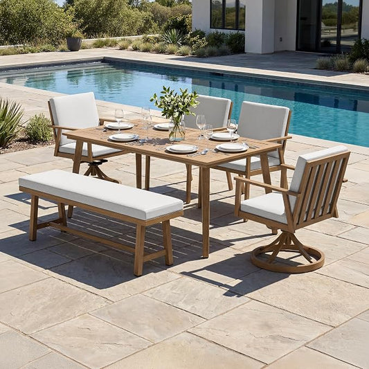 6-Piece Never-Rust Patio Dining Set, Aluminum Patio Furniture Set Includes Rectangle Dining Table, 2 Chairs, 2 Swivel Chairs & Outdoor Backless Bench, Patio Bench Set for Garden, Deck, Teak