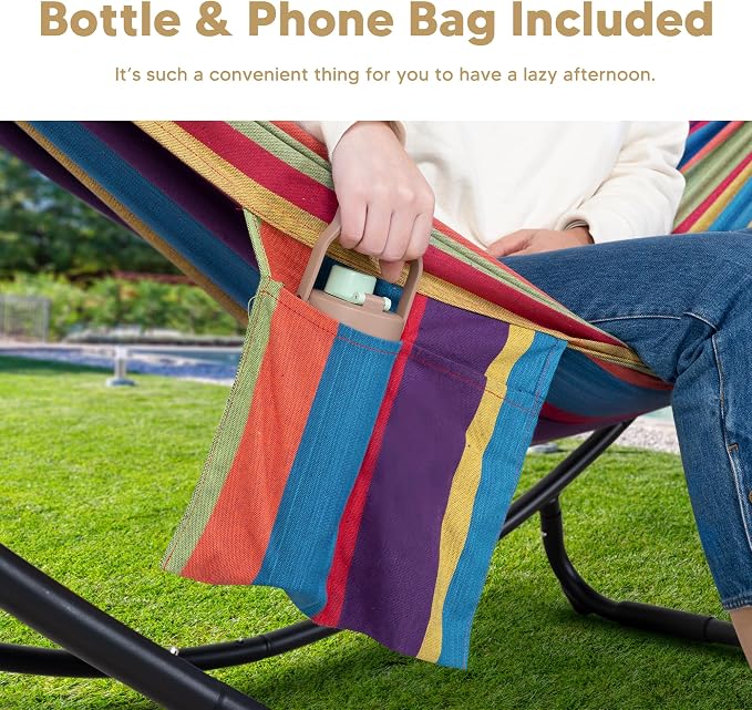 SUNCREAT Portable Space Saving Hammock with Stand, Two Person Hammock with Stand Included, Patent Pending, Rainbow