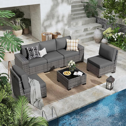 6 Pieces Patio Furniture Set with Table Gray Rattan Outdoor Sectional Sofa Conversation Sets for Balcony Lawn and Garden (Gray, 6 pcs w/Table)