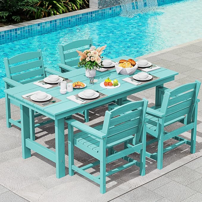SERWALL 5 Pcs HDPE Patio Dining Set w/Umbrella Hole Table & 4 Chairs, Aruba | HDPE Outdoor Dining Set with Rectangular Table & 4 Chairs, All-Weather Patio Dining Furniture