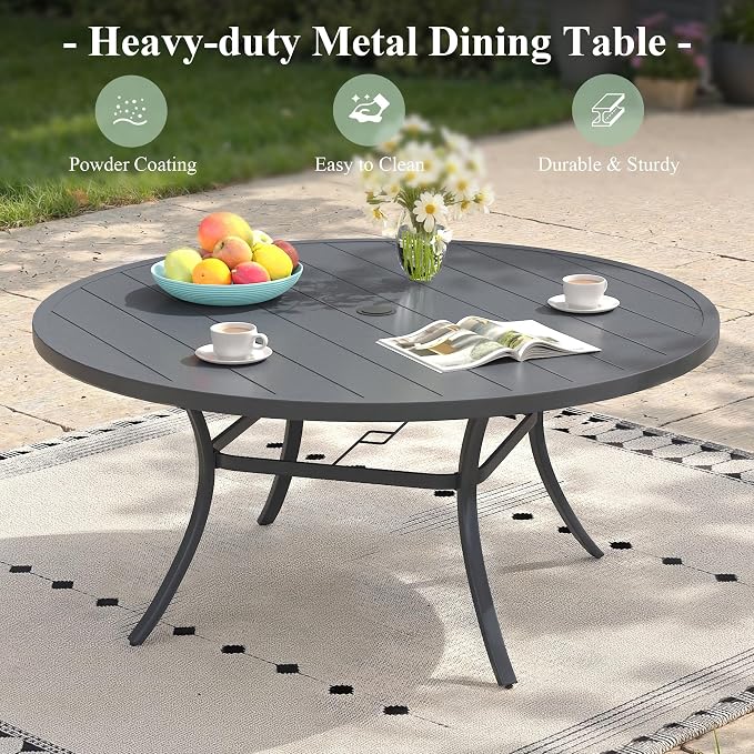 9 Pieces Outdoor Dining Set, 53" Round Table with Umbrella Hole & Stackable Patio Dining Chairs, Patio Table and Chairs Set for Deck Garden Porch, Grey Chairs & Dark Grey Table