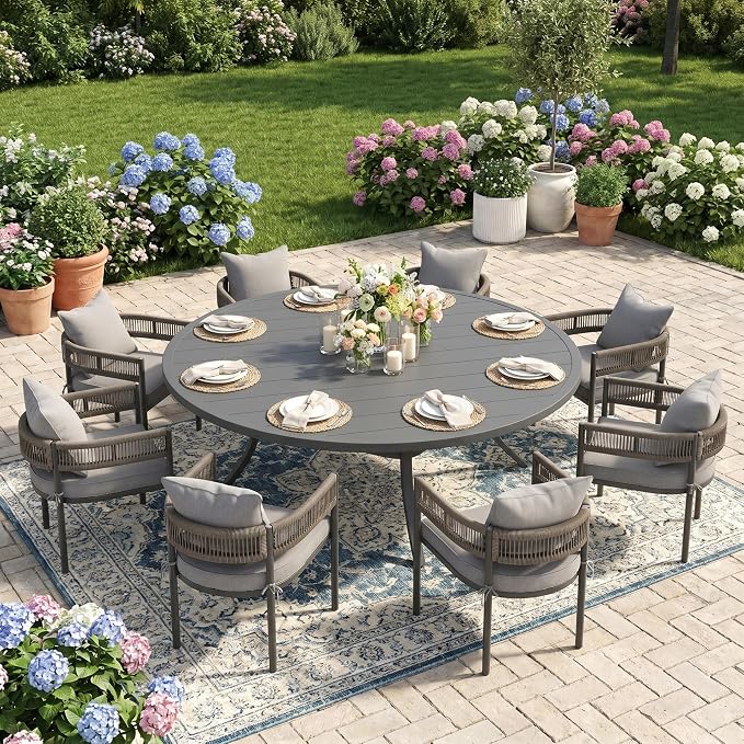 VICLLAX Patio Dining Set for 8-63" Round Table & Cushioned Seats, Grey