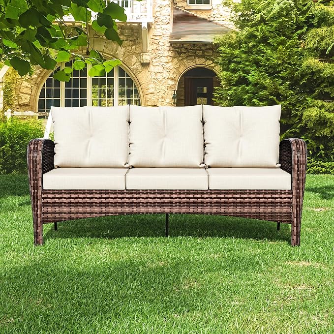 73" Patio 3-seat Sofa, Wicker Rattan Couch, Steel Frame Deep Seat Loveseat, Outdoor Conversation Furniture with Removable Cushions for Garden, Poolside, Porch(Beige)