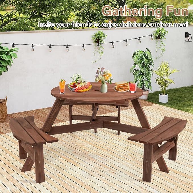 Zevemomo 6 Person Wood Picnic Table, Round Tabletop with Umbrella Hole, 3 Built-in Curved Benches, 1720LBS Total Capacity for Patios, Backyard, Brown