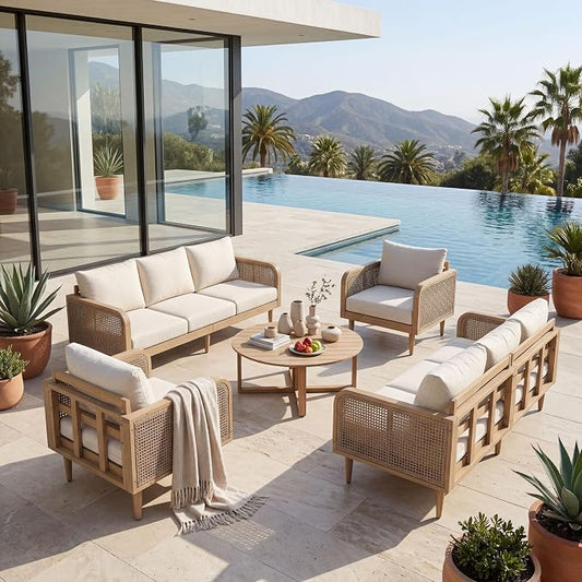 Christopher Knight Home Edward 5 Piece Patio Furniture Set with 3-Seater Sofas, Club Chairs and Coffee Table, Outdoor Acacia Wood Conversation Set, Patio Sofa Set for 8, Light Teak+Light Brown+Cream