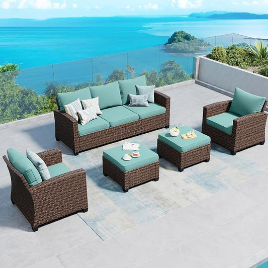 SUNSHINE VALLEY Patio Furniture Set Outdoor Furniture Brown Wicker Rattan Patio Conversation Sets with Cushion Outside Sofa Set,5 Pieces 7 Seats,Blue