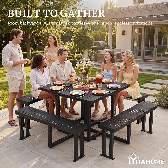 YITAHOME 38" Square Metal Picnic Table with Umbrella Hole, Q235 Carbon Steel Heavy Duty Outdoor Table for 4-8 People, Backyard Patio Set (Black)