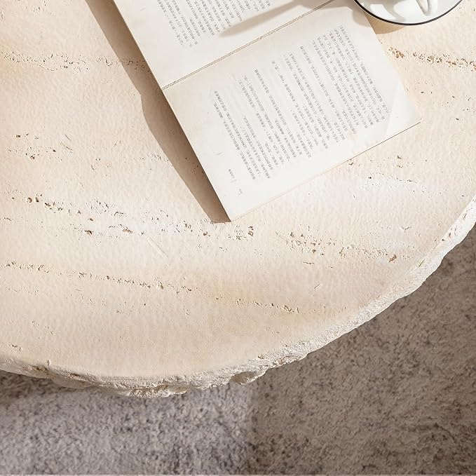 Round Coffee Table for Living Room Outdoor Faux Stone Coffee Table Amber Travertine Concrete Pattern, 31.49" Modern Faux Marble Center Tables Tea Tables, No Need Assemble, Beige