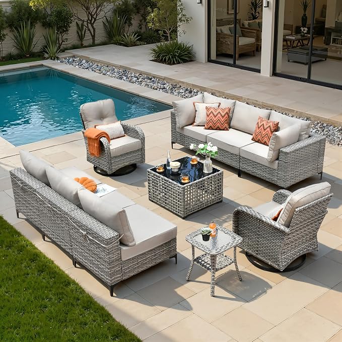 10 Pieces Patio Sectional Furniture Set, Outdoor Wicker Sectional Couch with High Back Swivel Rocker Chairs Solar Lights Table, Modern Conversation Set for Porch Balcony Backyard, Beige