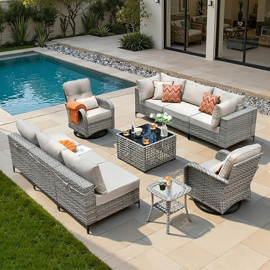 10 Pieces Patio Sectional Furniture Set, Outdoor Wicker Sectional Couch with High Back Swivel Rocker Chairs Solar Lights Table, Modern Conversation Set for Porch Balcony Backyard, Beige