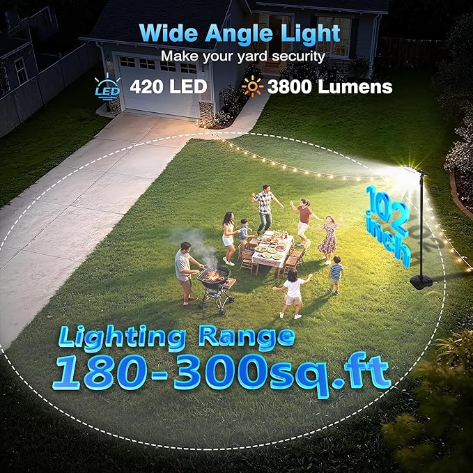102" Solar Lamp Post Lights with Pole & Water Box Base, Outdoor IP65 Waterproof 3800LM 420 LEDs Solar Street Lights, Metal Flood Motion Sensor Lights for Yard, Garden, Patio, Lawn, Parking Lot