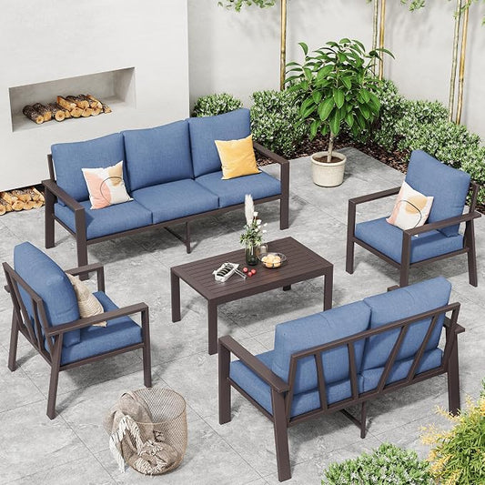 Aluminum Patio Furniture Set 5 Pieces Modern Patio Conversation Sets for Porch, Deck, Garden, 7-Seat Outdoor Furniture Metal Sofa Set with 4" Water-Resistant Cushion & Coffee Table,Navy