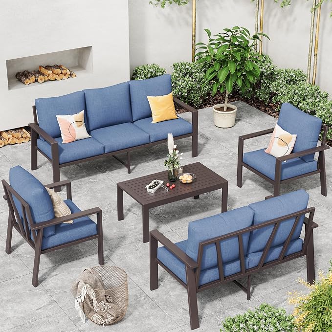 Aluminum Patio Conversation Set All-Weather Outdoor Furniture 5-Piece Sectional Sofa with 4" Cushions, Modular Patio Set for Porch Poolside Deck Yard