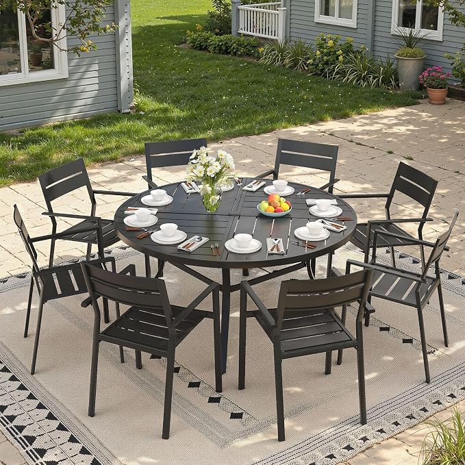 53.1" Outdoor Dining Table with Adjustable Umbrella Hole, Metal Slatted Round Patio Dining Table for Backyard Garden Deck, Black