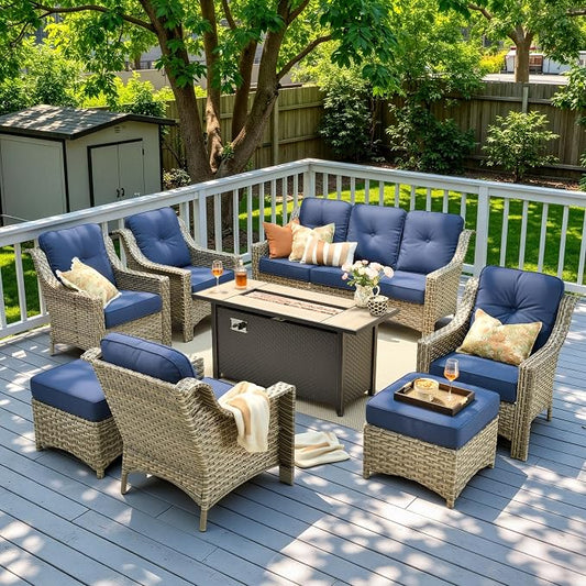 8 Piece Patio Furniture Set with Fire Pit Table, All Weather Wicker High Back Sofa Chairs Ottoman with Thick Cushion, Outdoor Conversation Sets for Large Backyard Deck Garden, Navy Blue
