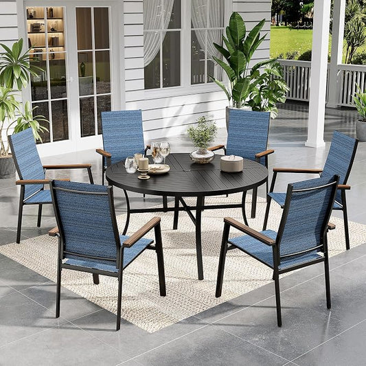 Sophia & William Round Patio Dining Set for 6 with Aluminum Chairs, Blue | Metal table, Stackable sling chairs, Breathable & quick-drying, Light-weight & space-saving, Umbrella Hole, Outdoor, 7 piece