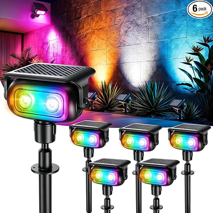 Brizled Solar Powered Spotlight Color Outdoor Spot Light Landscape Lighting | 360° Rotation Head; 9 Color & 11 Mode; IP65 Waterproof; Adjustable Height; Stake or Wall Mounted for Yard Tree Garden Pathway