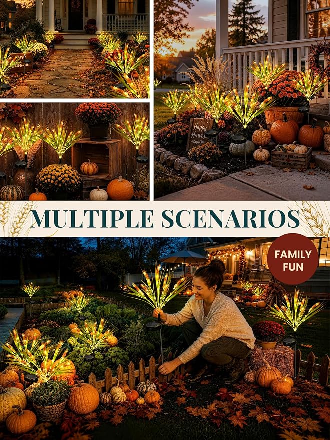 GIGALUMI 3 Pack Solar Wheats Outdoor Fall Decor, 2 Modes, Yellow | Flower Lights, IP65 Waterproof, Auto On/Off, Solar Powered, Garden Decor, for Pathway, Yard, Patio, Gardening Gifts for Women