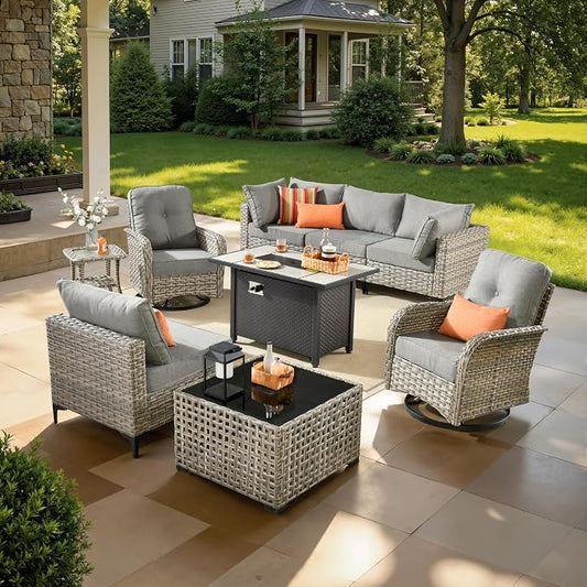 9 Pcs Patio Furniture with Fire Pit Table, Outdoor Rattan Wicker Conversation Set with Glowing Coffee Table, Comfy Sectional Sofa for Porch Balcony Backyard Pool, Grey