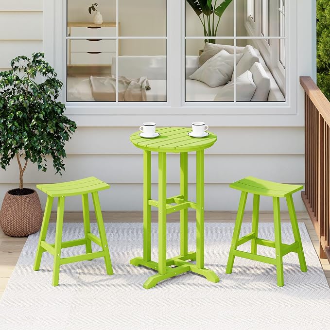 Costaelm Outdoor Bar Table, 37" Counter Height Round Patio Cocktail Bar Table, Patio Bar Table 3-Pieces Set Bistro Dining Table Pub Table for Deck, Backyard, Garden, Lime
