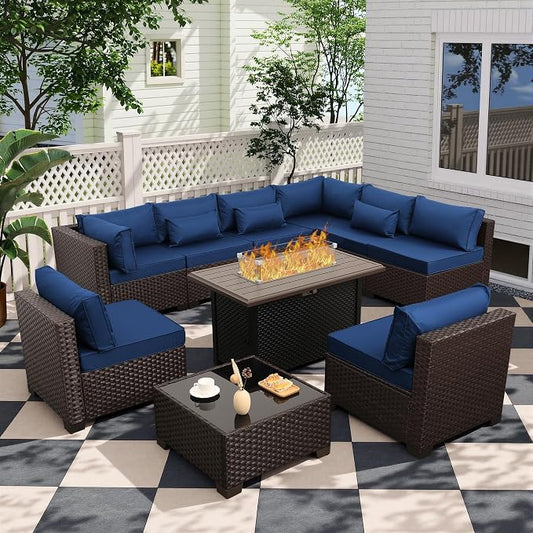 Lviden 10 Pieces Wicker Patio Furniture Set with Patio Glass Table Outdoor Sectional Conversation Sofa Set with 43 inches Fire Pit Table and Non-Slip Cushione, Navy Blue