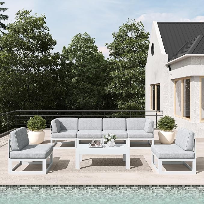 LayinSun 7 Pieces Modern Aluminum Patio Furniture Set with Coffee Table, Outdoor Modular Sectional Conversation Set L-Shaped Sofa for Backyard