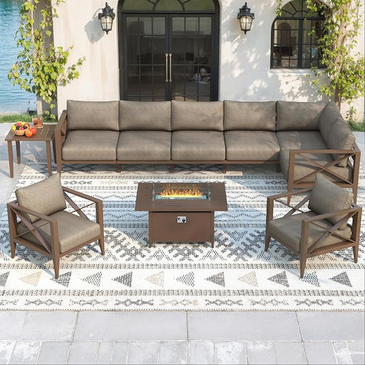 Aluminum Outdoor Patio Furniture Set with 43" Fire Pit Table, 10-Piece Outdoor Sectional with 5.2" Thick Cushions, Patio Conversation Sets for Backyard,(Brown,8 Seats)