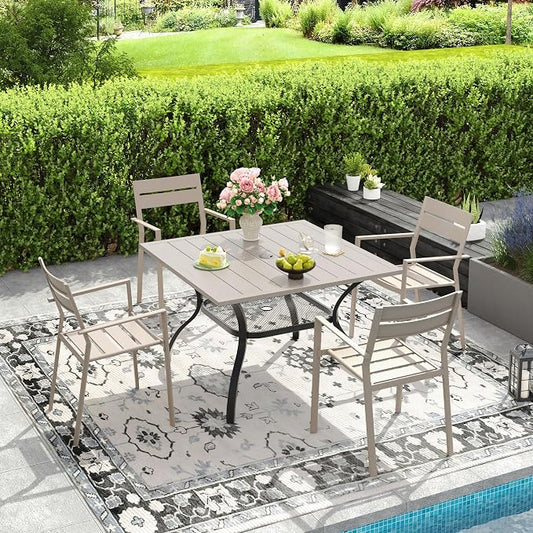 DIFY 5 Piece Outdoor Patio Dining Set for 4, Patio Table and Chairs Set with Umbrella Hole, 37.8" Square Dining Table and Stackable Metal Chairs for Backyard Poolside Deck, Grey Wood-Like & Sandshell