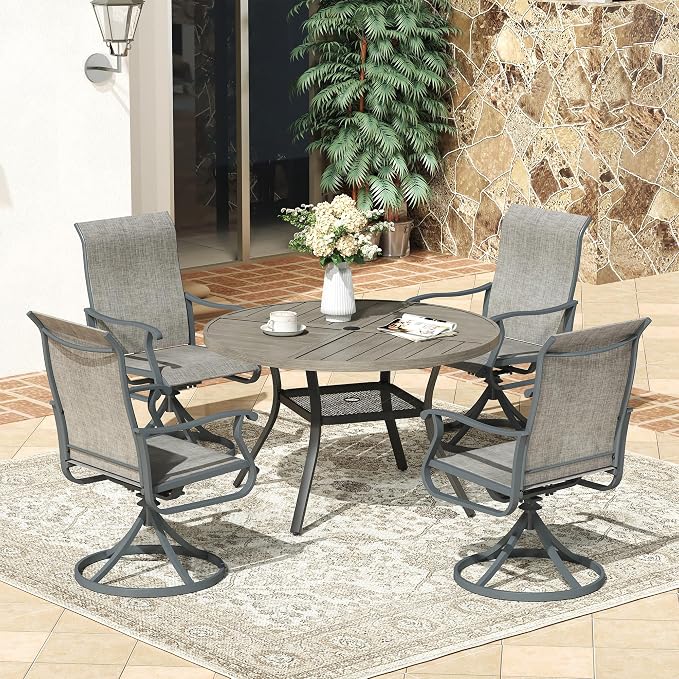 VICLLAX 40.6" Round Patio Dining Table for 4, All Weather Metal Outdoor Table with 1.57" Umbrella Hole and Storage Shelf for Garden Lawn Deck, Grey