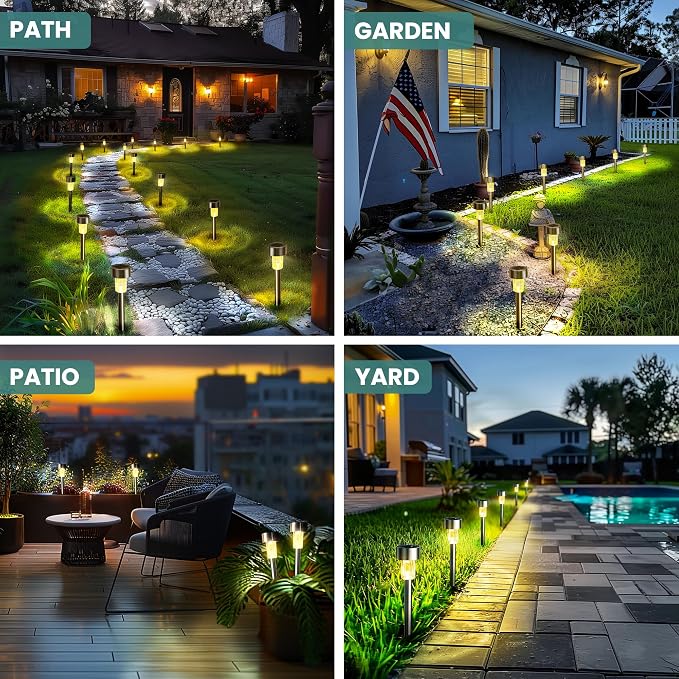 GIGALUMI 24 Pack Solar Lights Outdoor Waterproof, Stainless Steel | Solar Pathway Lights, Solar Garden Lights for Patio, Lawn, Yard and Landscape LED (Warm White)