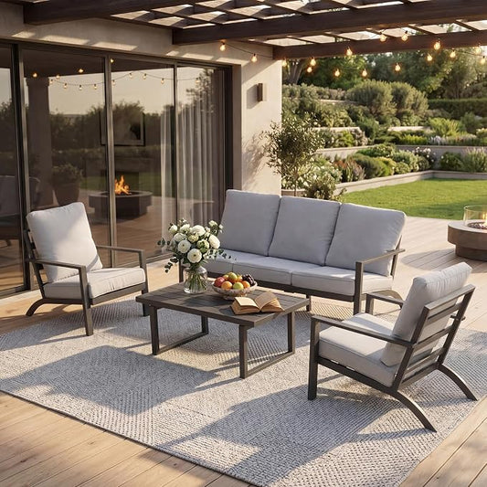 Aluminum Patio Furniture Set With Height-Adjustable Coffee Table, 4-Piece Patio Lounge Set With 5-Inch Washable Thickened Cushions, Outdoor Couch Sectional Suitable For Poolside Balconies Garden, Gray