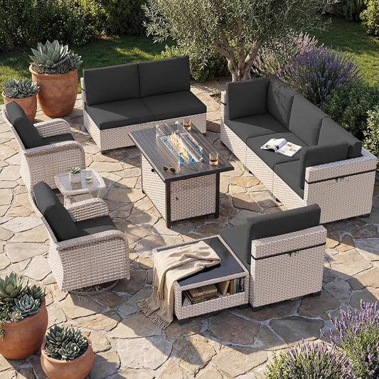 Patio Furniture Set, 11-Piece Outdoor Sectional Sofa with Swivel Rocker Chairs & Fire Pit Table, Wicker Patio Conversation Set with Coffee Table, Black Cushions