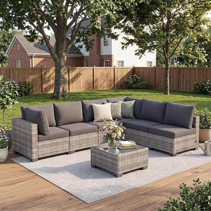 7-Piece Modular Outdoor Sectional Wicker Patio Furniture Set | All-Weather Conversation Set w/ Glass Coffee Table for Backyard, Garden, Poolside (Grey PE Rattan + Grey Cushions)