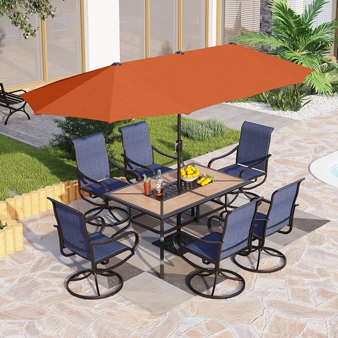PHI VILLA 8 Pc Outdoor Dining Set with 13ft Umbrella, Swivel Mesh Chairs | 60'' wood-look rectangular table, 6 blue patio textilene chairs and 13ft orange red umbrella(NO BASE) for deck, garden, yard