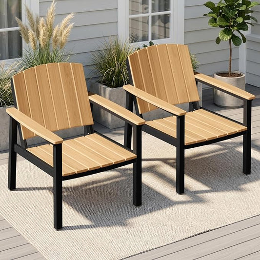 2 Pieces Aluminum Patio Furniture Armchair, All-Weather Outdoor Armchair Aluminum Frame HDPS Faux Wood, Patio Sofa Couch Set of 2 for Porch, Balcony, Deck, Yard Nature Wood