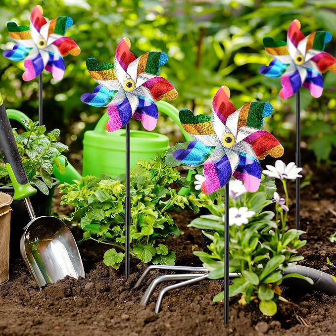 10 Pack Pre-Assembled Pinwheels for Yard and Garden, Colorful | Wind Spinner Measures 19.7'' H x 6.8'' W, Reflective Surface Sparkles In Sunlight, Connect Stakes For Yard, Garden Or Lawn