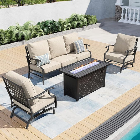 SUNSHINE VALLEY Patio Furniture Set with Firepit Table, 4 Piece Metal Outdoor Patio Furniture, 2 Rocking Chairs and 3 Seater Sofa with 5.75" Extra Thick Cushion and Gas Firepit Table for Backyard Deck