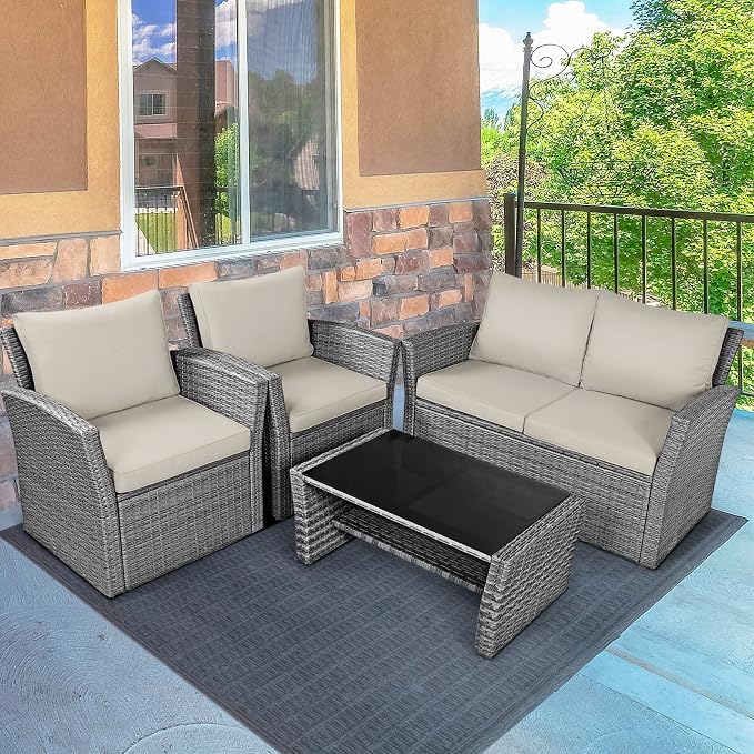 HAPPYGRILL 4 Pieces Conversation Set Outdoor Patio Rattan Furniture Set with Cushions and Coffee Table, Sectional Wicker Sofa Set for Garden Porch Balcony Poolside