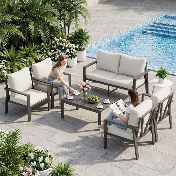 Aluminum Patio Conversation Set 6 Pieces Metal Deck Outdoor Furniture 6-Seat All-Weather Rust-Proof Sectional Sofa Set with Removable Cushion for Balcony, Yard, Poolside & Small Spaces