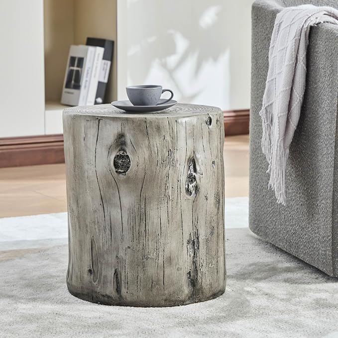 Realistic Tree Stump Side Table, Lightweight Concrete End Table for Indoor & Outdoor, Rustic Wood-Look Stool, Multi-Purpose Plant Stand, Weather-Resistant Accent Table, No Assembly Required, Gray