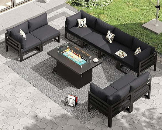 RADIATA 9 Pcs Modern Aluminum Outdoor Patio Furniture Set with Fire Pit Table Propane/Gas, Extra Large All-Weather Modular Sectional Couch, 29" Wide Deep Seating Conversation Sofa for Deck, Dark Grey